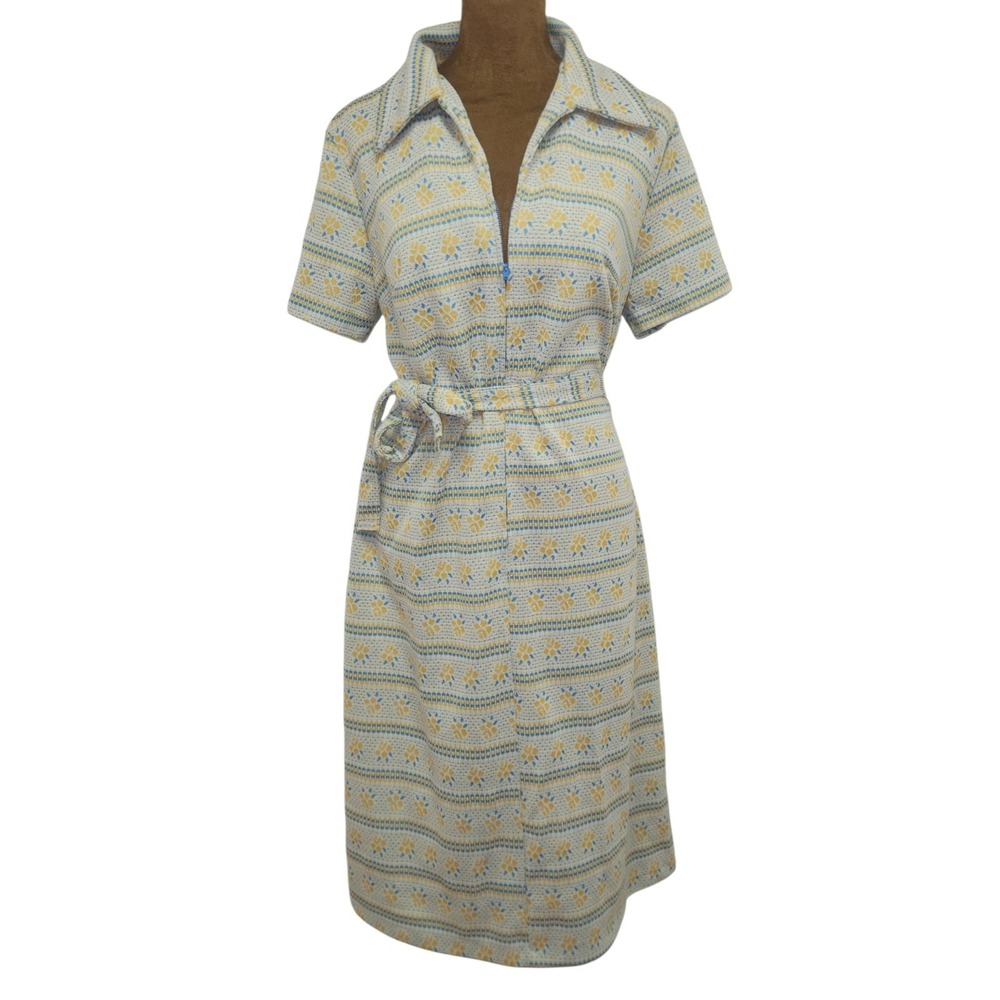 Vintage 1960's Mod Dress Retro Floral Blue Yellow Zip Front Belted Women's